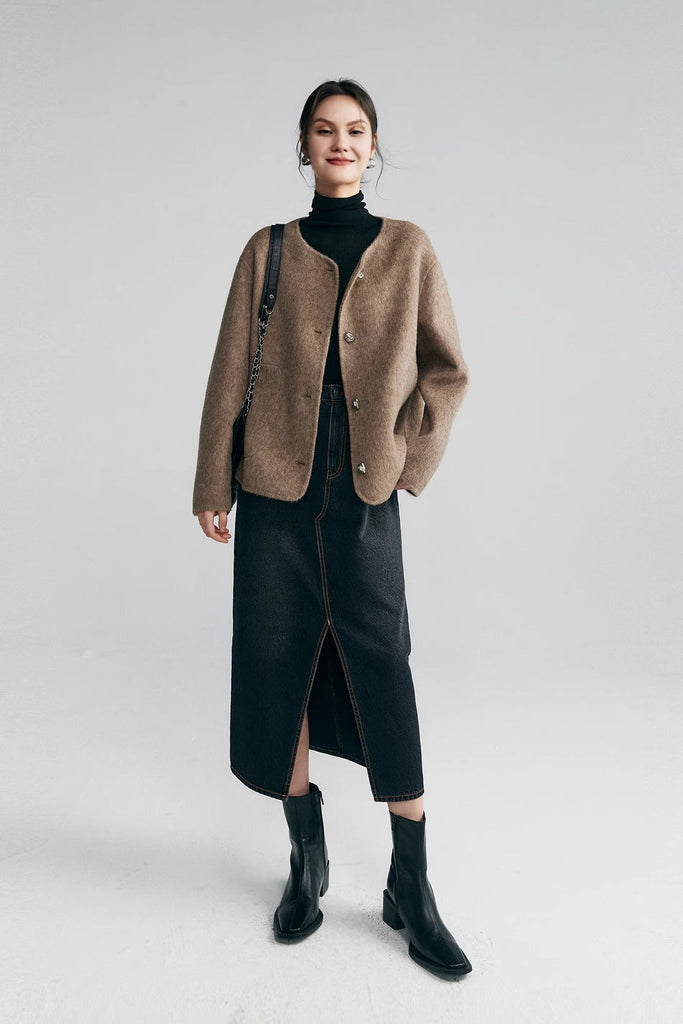 Silk Wool Blend Crewneck Cropped Jacket