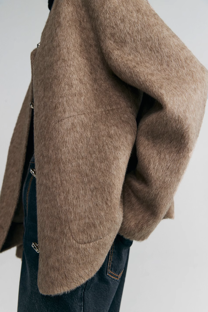 Silk Wool Blend Crewneck Cropped Jacket