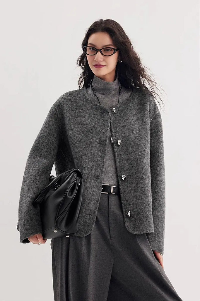 Silk Wool Blend Crewneck Cropped Jacket Fibflx