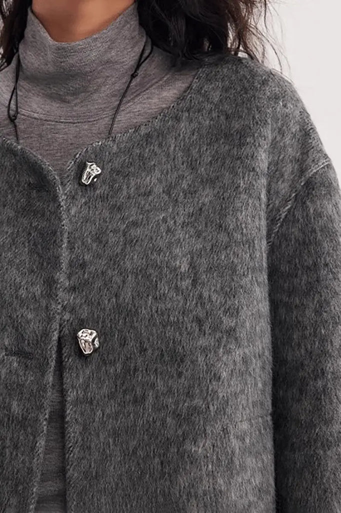 Silk Wool Blend Crewneck Cropped Jacket Fibflx