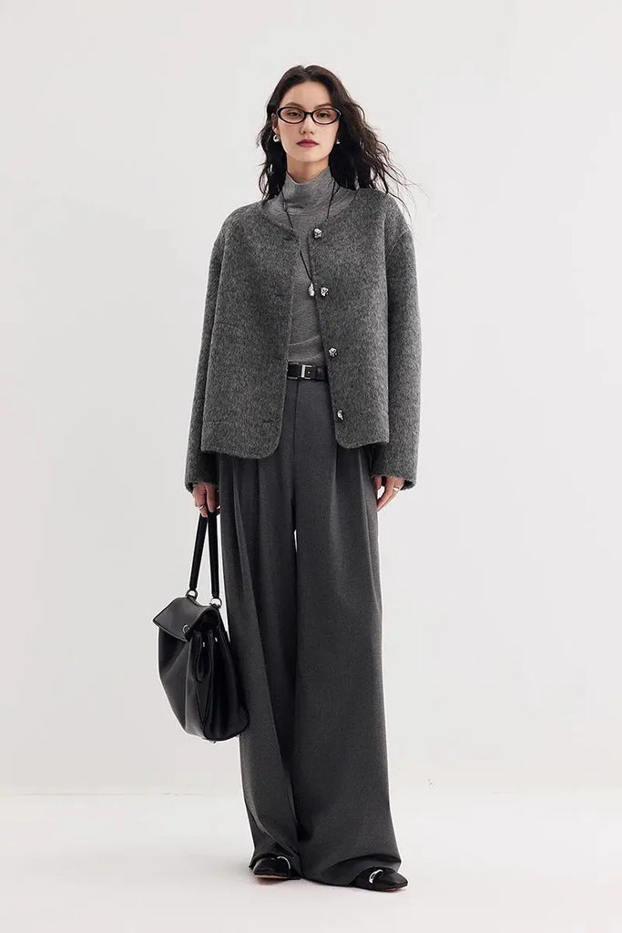 Silk Wool Blend Crewneck Cropped Jacket Fibflx