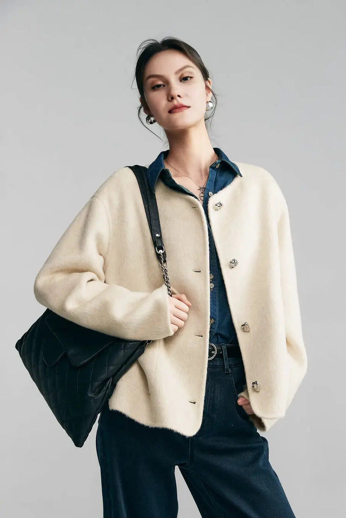 Silk Wool Blend Crewneck Cropped Jacket Fibflx