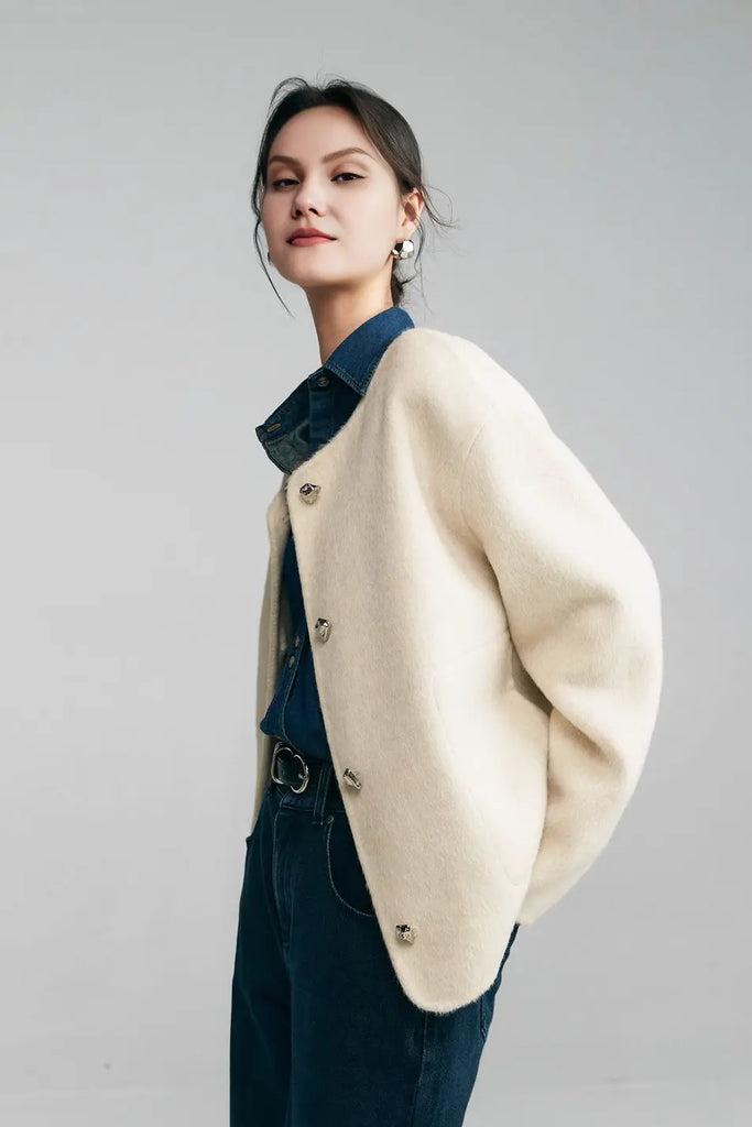 Silk Wool Blend Crewneck Cropped Jacket Fibflx