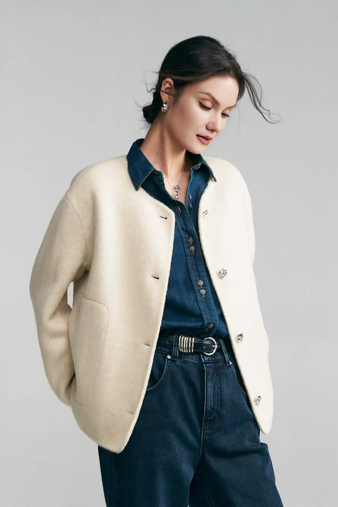 Silk Wool Blend Crewneck Cropped Jacket Fibflx