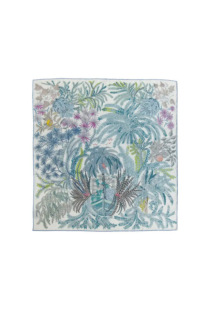 Silk-Wool Designer Floral Square Scarf in Blue - Fibflx