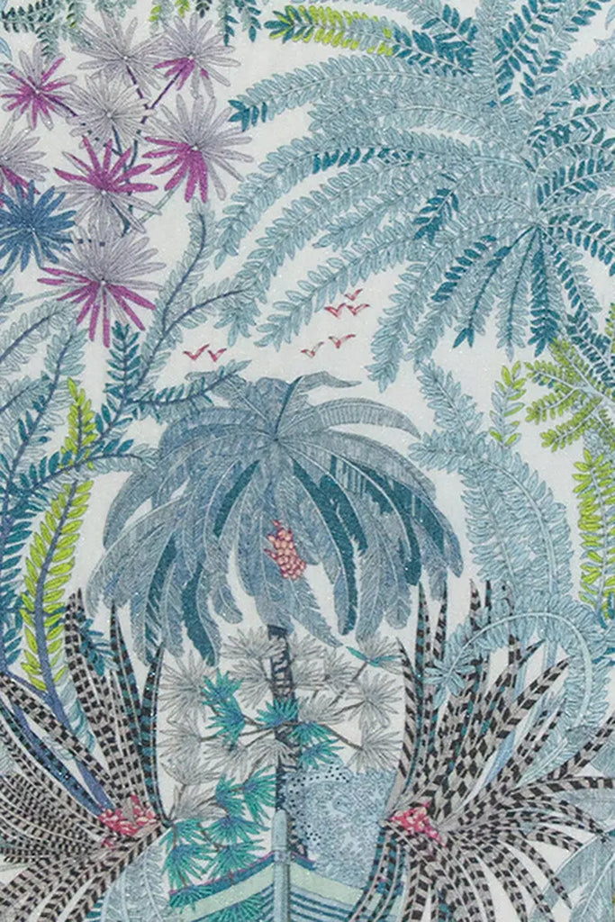 Silk-Wool Designer Floral Square Scarf in Blue - Fibflx