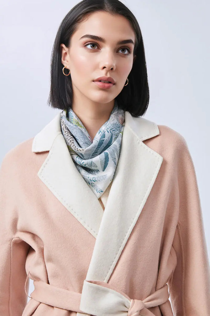 Silk-Wool Designer Floral Square Scarf in Blue - Fibflx