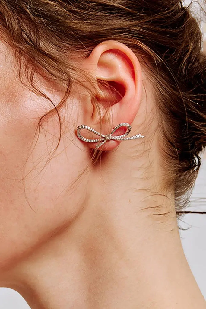 Fibflx Women's Silver Bow Stud Earrings with Glimmer Gem