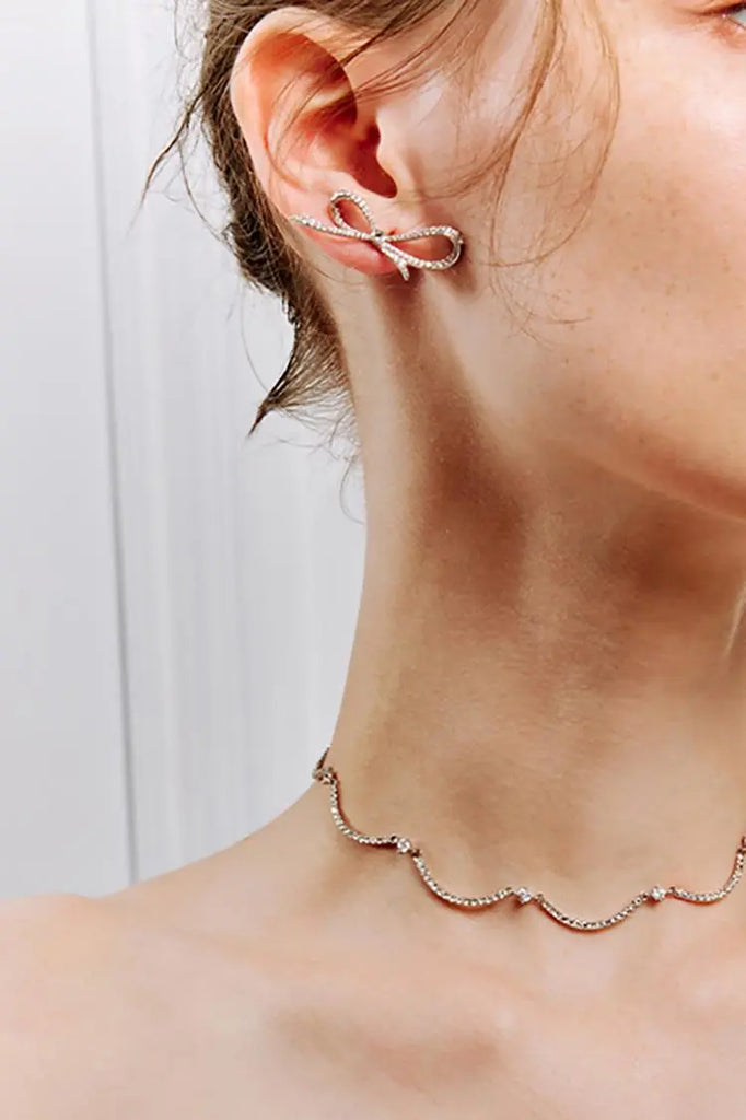 Fibflx Women's Silver Bow Stud Earrings with Glimmer Gem