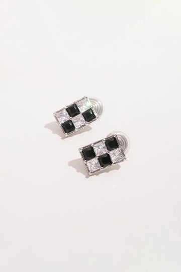 Silver Checkered Pattern Clip-on Earrings Fibflx