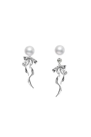 Fibflx Women's Silver Dangle Bow Earrings with Pearl