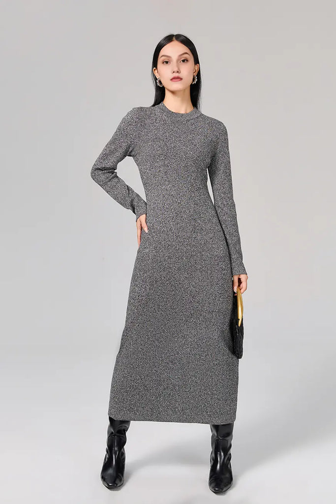 Slim Fit Long Sleeve Knit Wool Maxi Dress - Fibflx