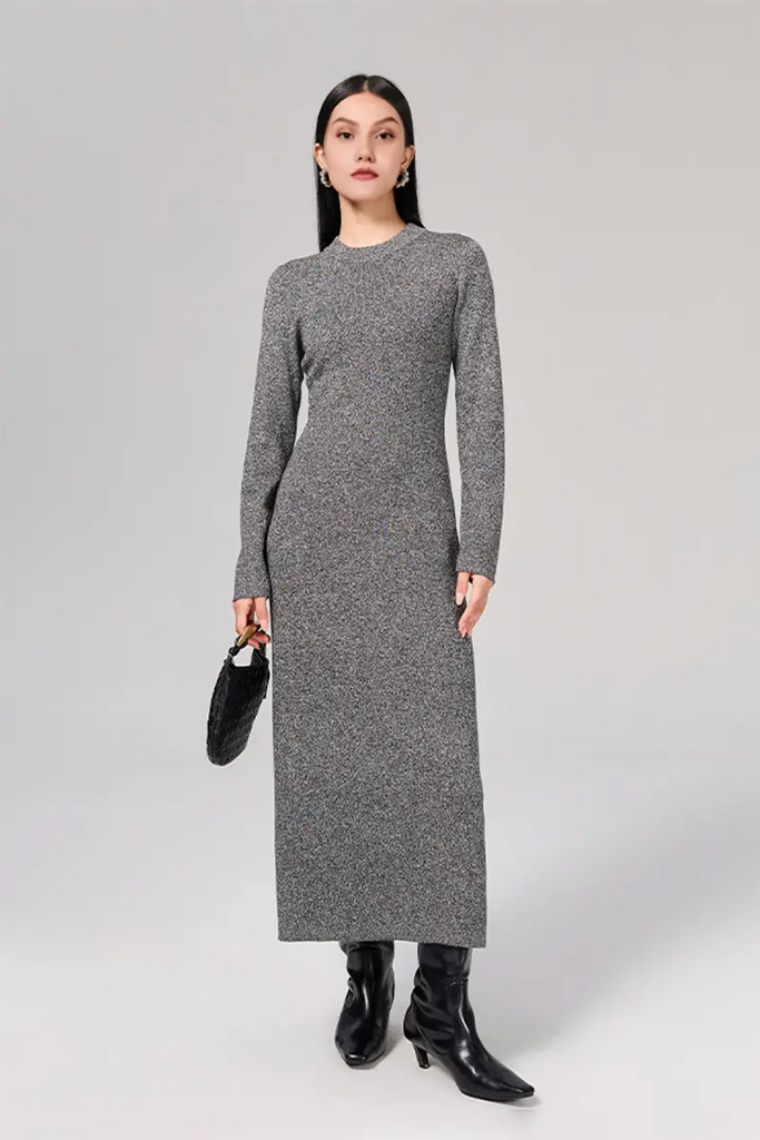 Slim Fit Long Sleeve Knit Wool Maxi Dress - Fibflx