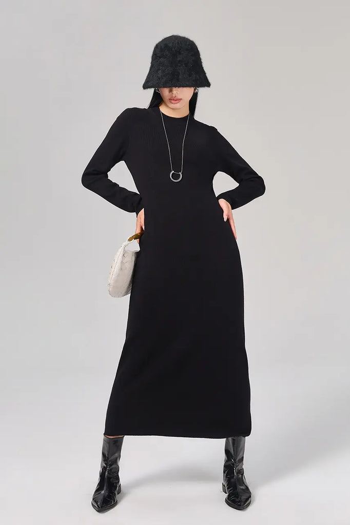 Slim Fit Long Sleeve Knit Wool Maxi Dress - Fibflx