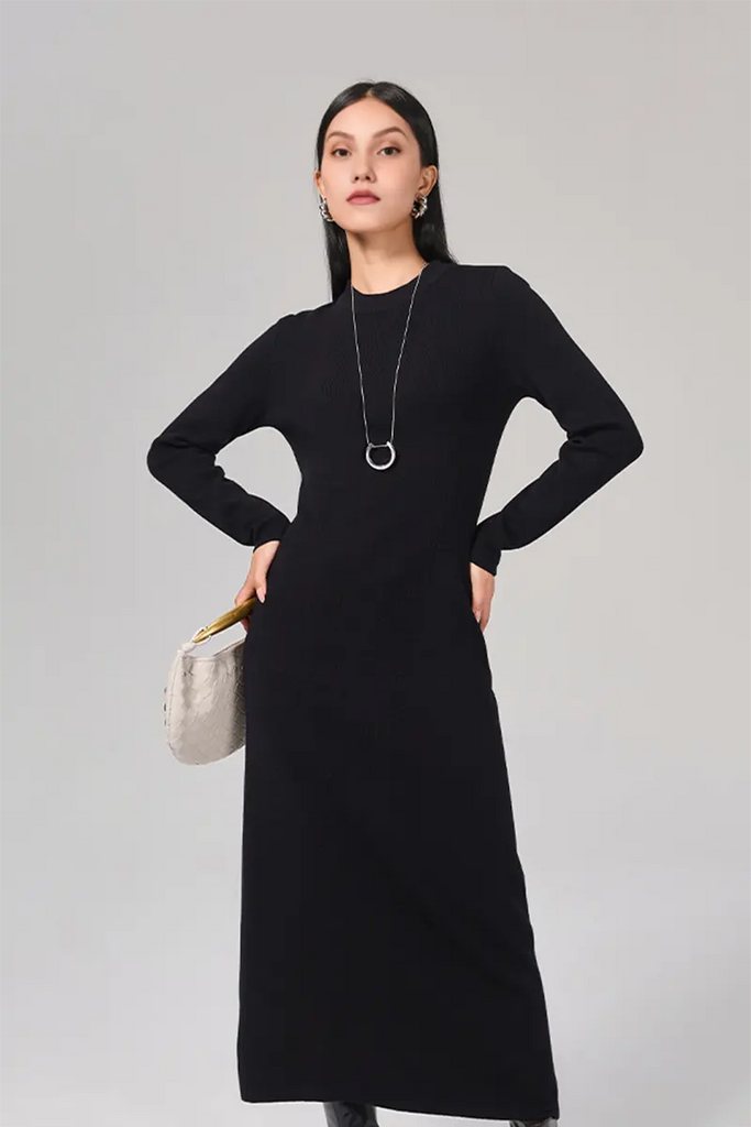 Slim Fit Long Sleeve Knit Wool Maxi Dress - Fibflx