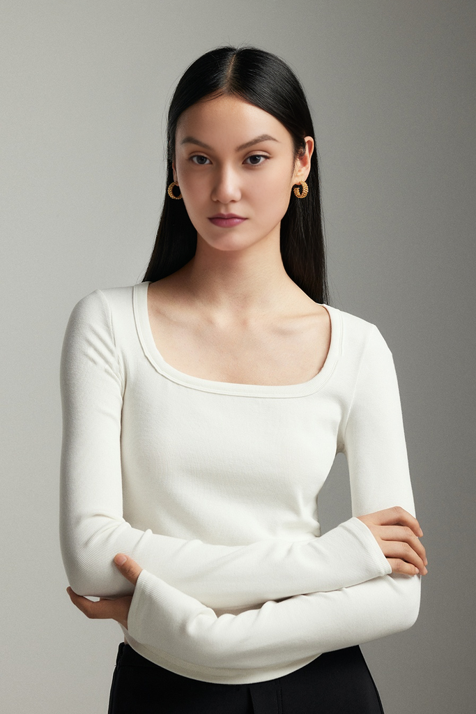 Floerns Women's Long Sleeve Square Neck Top - Lace Trim, Tie Knot Front, Slim Fit