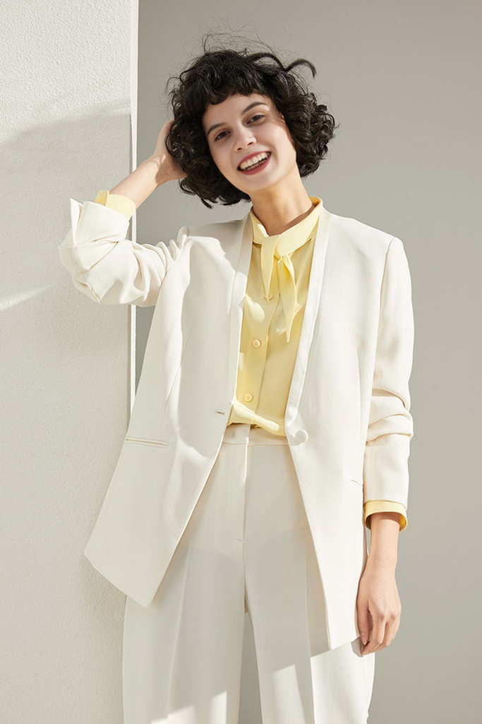 Fibflx Women's Slim-Fit Triacetate Collarless White Suit Jacket