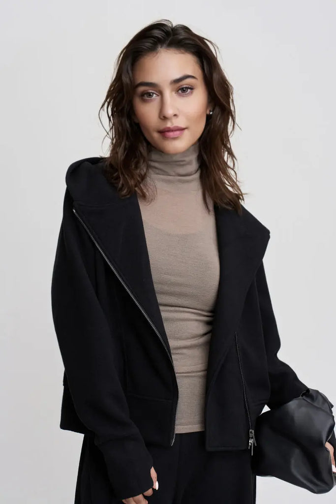 Fibflx Women's Soft Acetate-Cashmere Blend Asymmetric Zip Up Hooded Sweatshirt with Thumb Holes