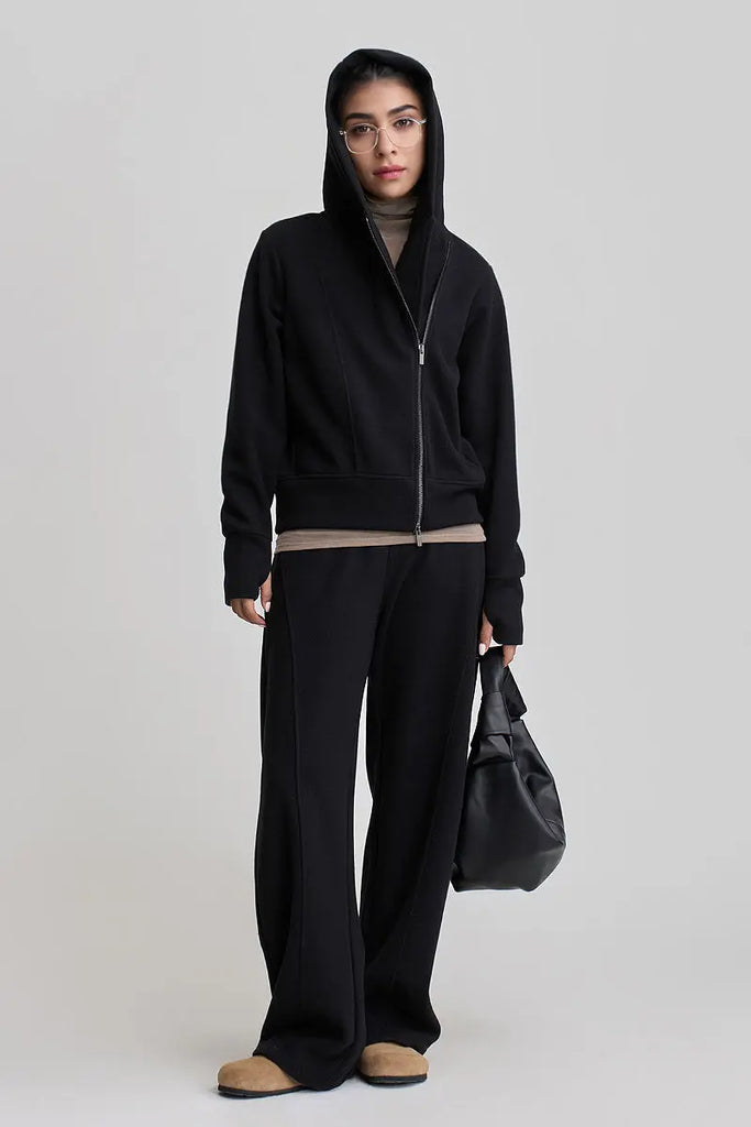 Fibflx Women's Soft Acetate-Cashmere Blend Asymmetric Zip Up Hooded Sweatshirt with Thumb Holes