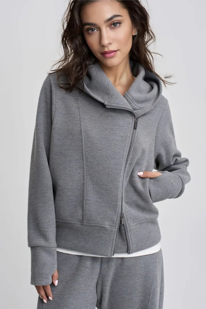 Fibflx Women's Soft Acetate-Cashmere Blend Asymmetric Zip Up Hooded Sweatshirt with Thumb Holes