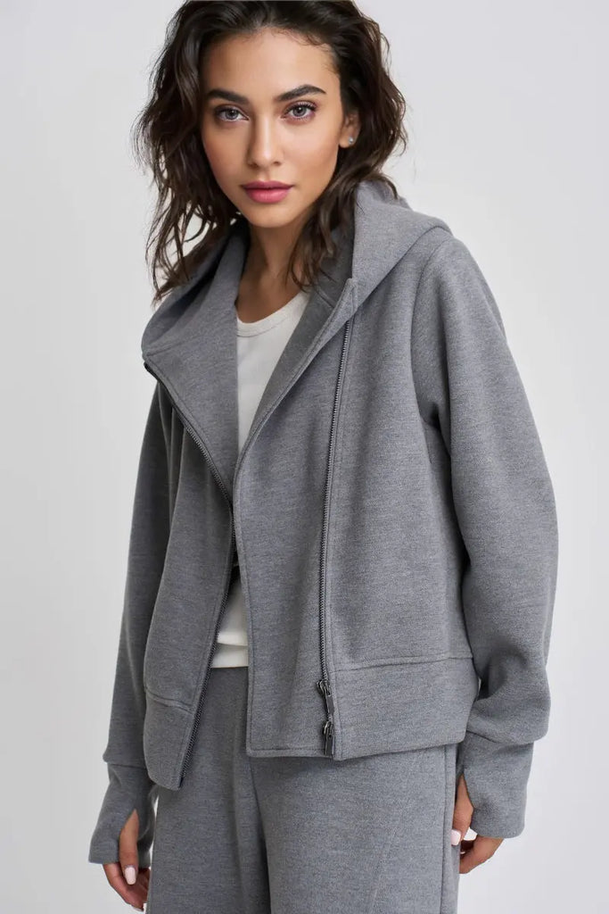 Fibflx Women's Soft Acetate-Cashmere Blend Asymmetric Zip Up Hooded Sweatshirt with Thumb Holes
