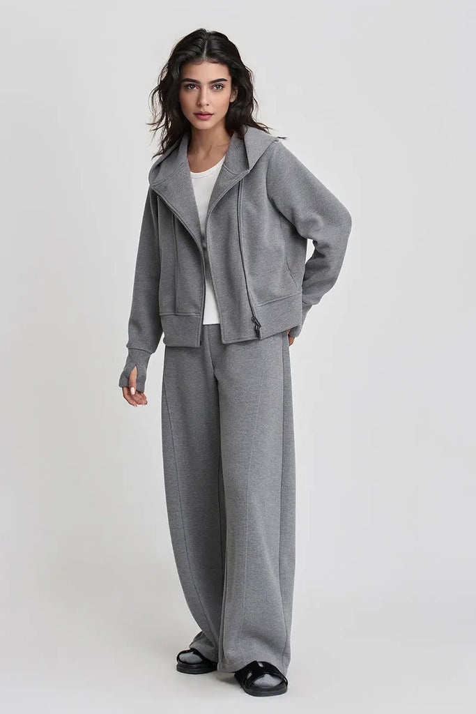 Fibflx Women's Soft Acetate-Cashmere Blend Asymmetric Zip Up Hooded Sweatshirt with Thumb Holes