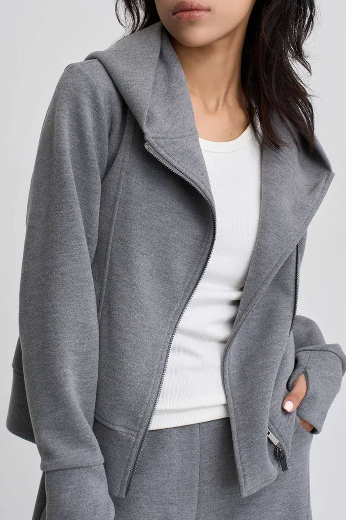 Fibflx Women's Soft Acetate-Cashmere Blend Asymmetric Zip Up Hooded Sweatshirt with Thumb Holes