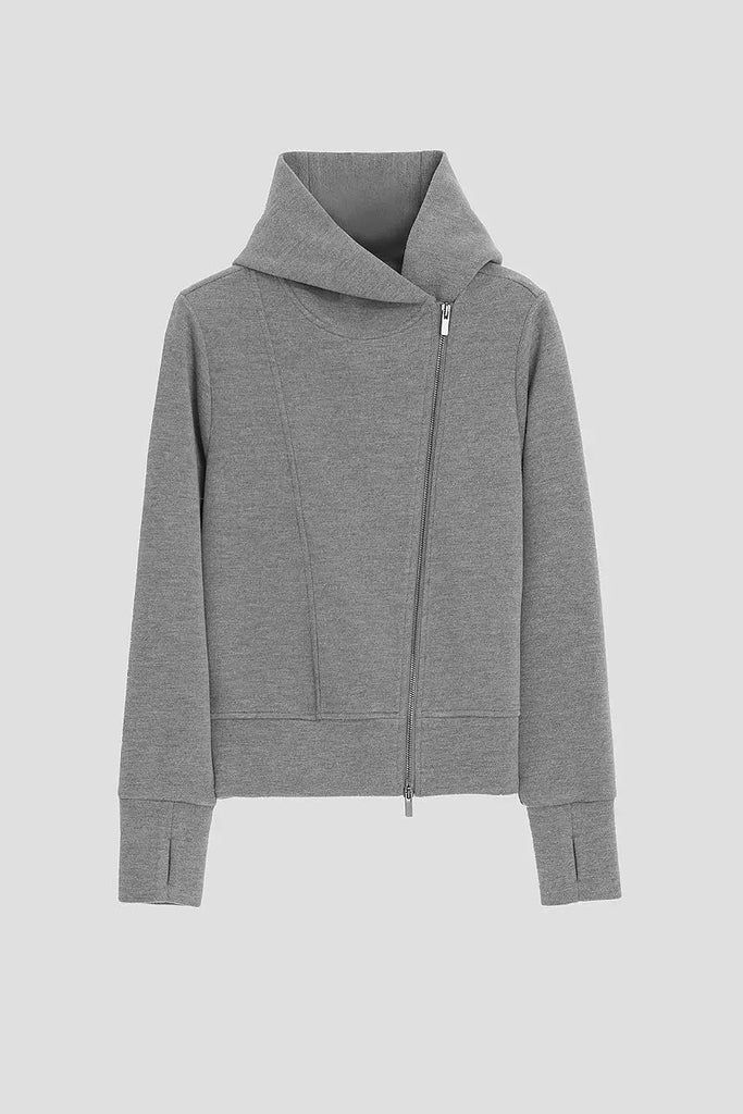 Fibflx Women's Soft Acetate-Cashmere Blend Asymmetric Zip Up Hooded Sweatshirt with Thumb Holes