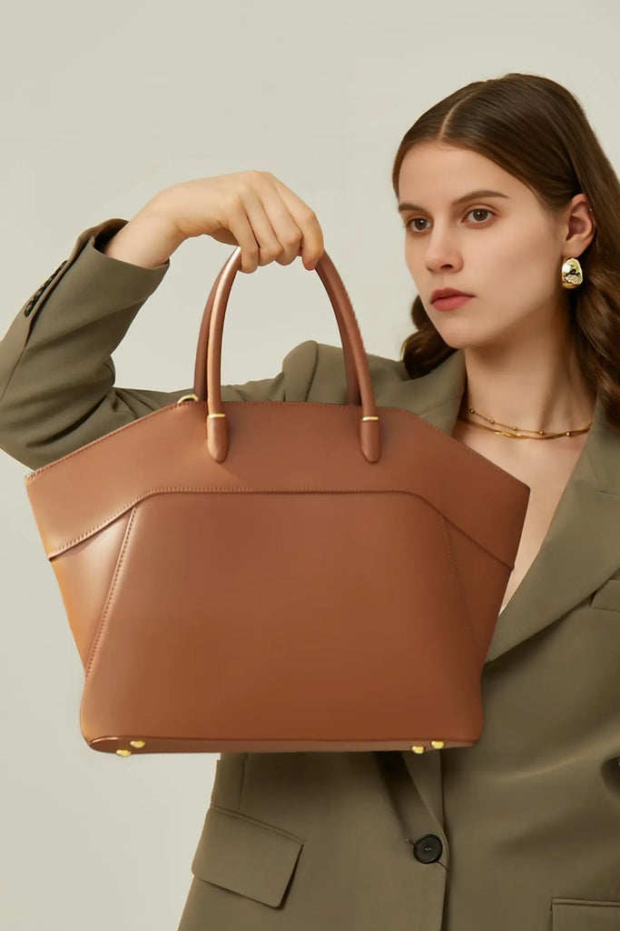 Soft Leather Top Handle Trapezoid Handbag Fibflx