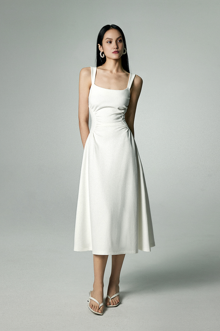 Square Neck Midi Dress with Pleated Waist Off White / XS