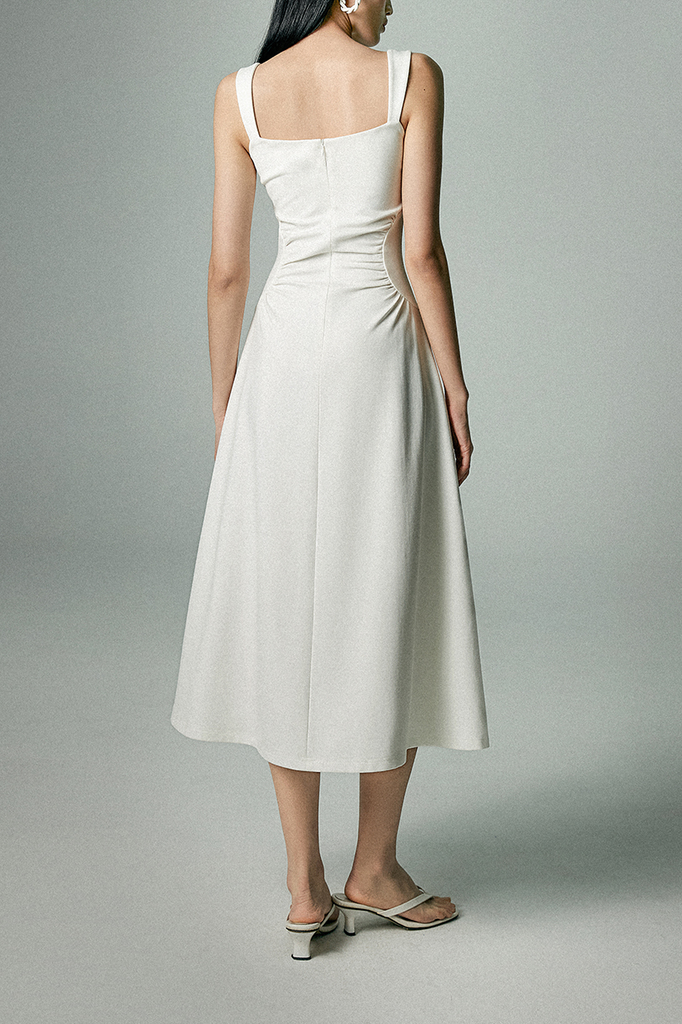 Fibflx Women's Square Neck Midi Dress with Pleated Waist