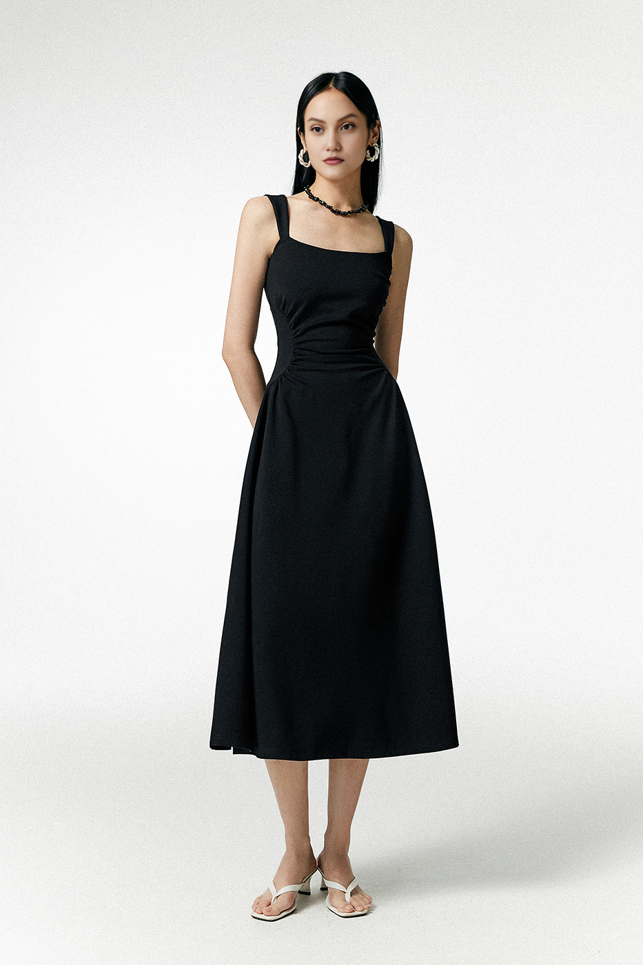 square neck midi dress black Square Neck Midi Dress with Pleated Waist Off White / XS