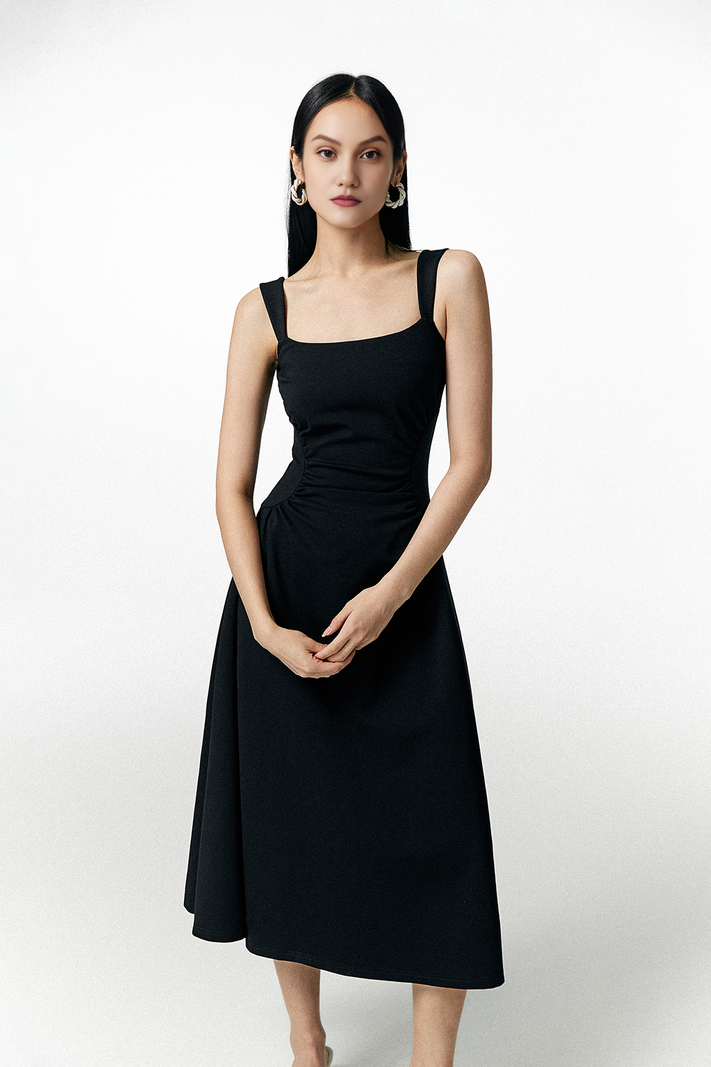 pleat waist midi dress Square Neck Midi Dress with Pleated Waist Off White / XS