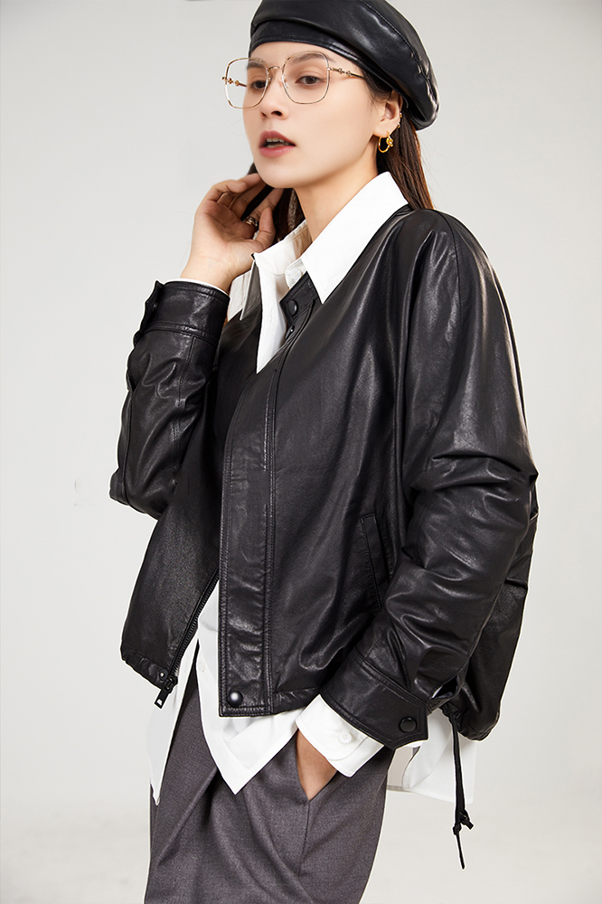 Flbflx Women's Stand-collar Leather Biker Jacket