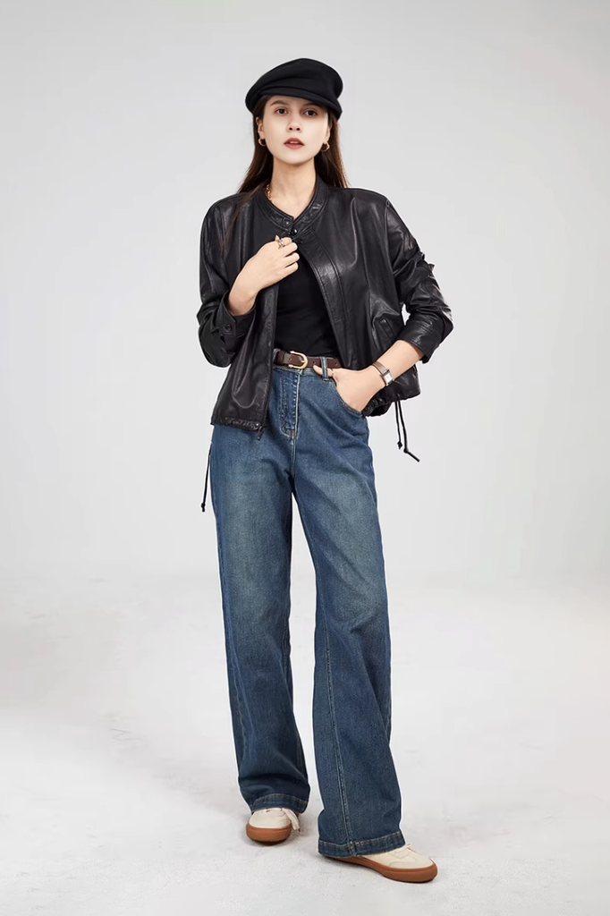 Stand-Collar Cropped Leather Biker Jacket - Fibflx