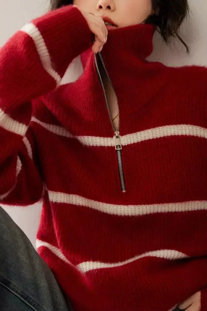 Fibflx Women's Striped Chunky Half-Zip Cashmere Turtleneck Sweater