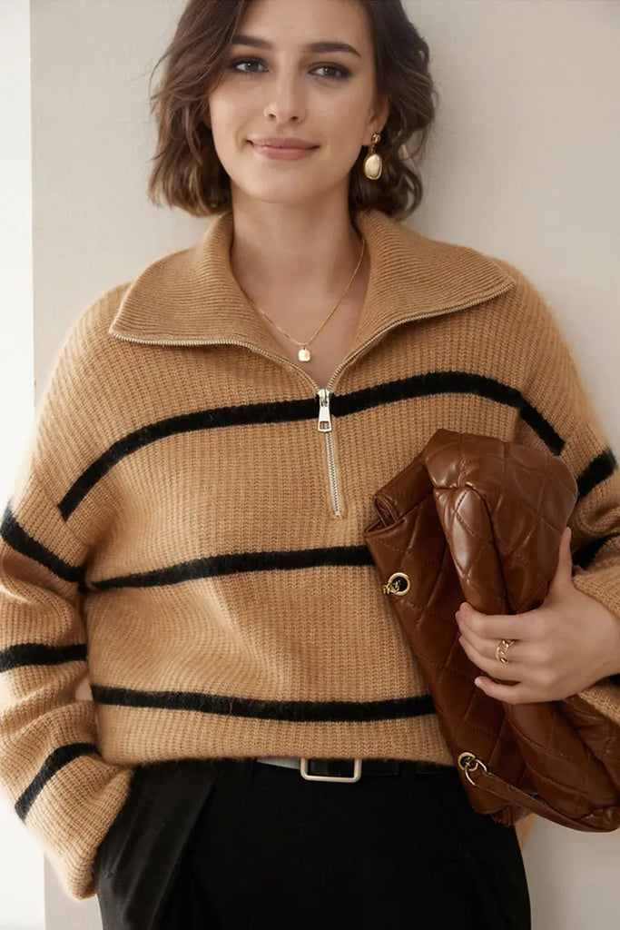 Fibflx Women's Striped Chunky Half-Zip Cashmere Turtleneck Sweater