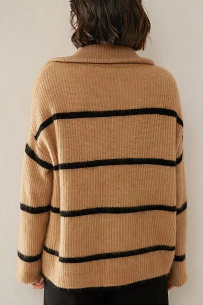 Fibflx Women's Striped Chunky Half-Zip Cashmere Turtleneck Sweater