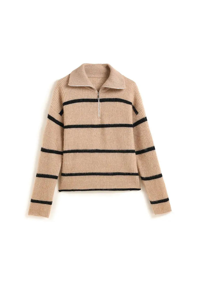 Fibflx Women's Striped Chunky Half-Zip Cashmere Turtleneck Sweater
