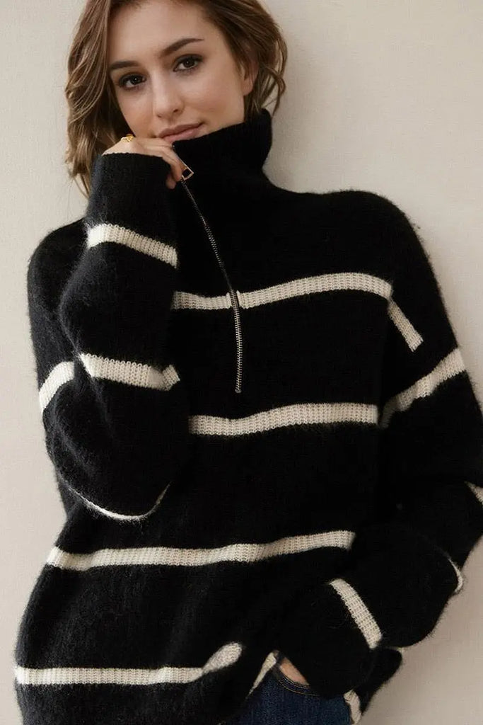 Fibflx Women's Striped Chunky Half-Zip Cashmere Turtleneck Sweater