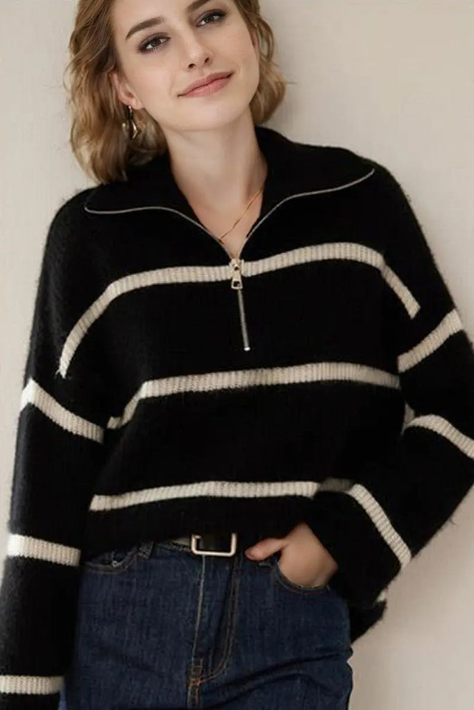 Fibflx Women's Striped Chunky Half-Zip Cashmere Turtleneck Sweater