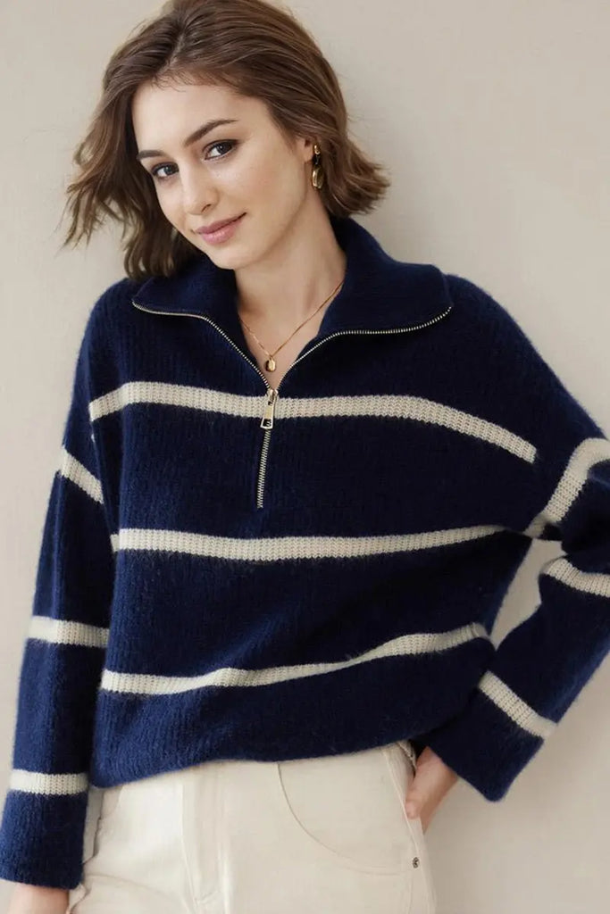 Fibflx Women's Striped Chunky Half-Zip Cashmere Turtleneck Sweater