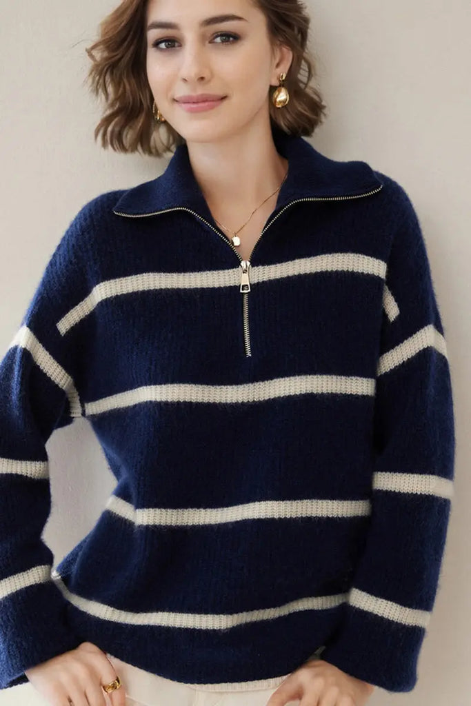 Fibflx Women's Striped Chunky Half-Zip Cashmere Turtleneck Sweater