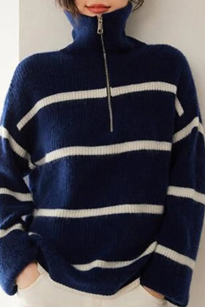 Fibflx Women's Striped Chunky Half-Zip Cashmere Turtleneck Sweater