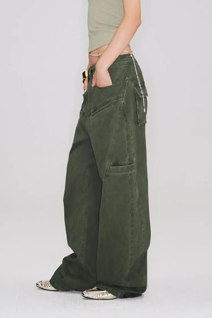 Fibflx Women's Structured Baggy Green Cargo Pants