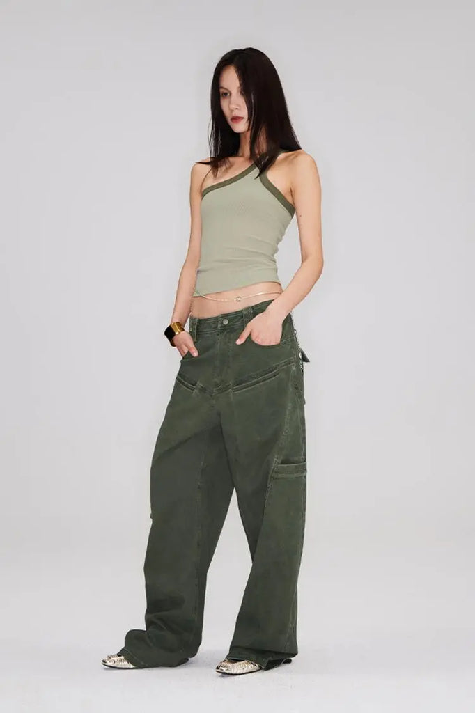 Fibflx Women's Structured Baggy Green Cargo Pants