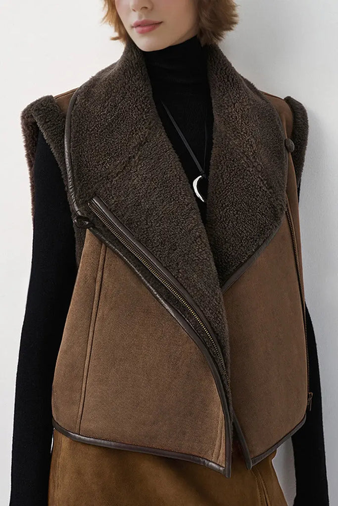 Fibflx Women's Faux Suede & Genuine Shearling Aviator Vest