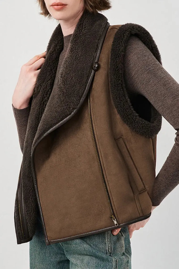 Fibflx Women's Faux Suede & Genuine Shearling Aviator Vest