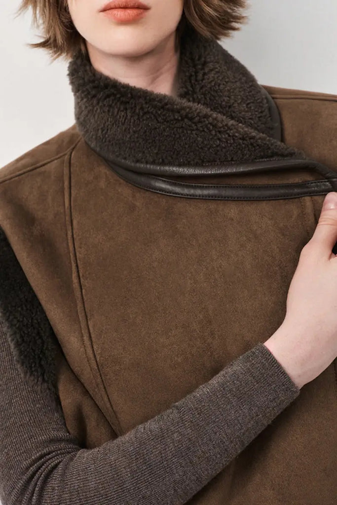 Fibflx Women's Faux Suede & Genuine Shearling Aviator Vest