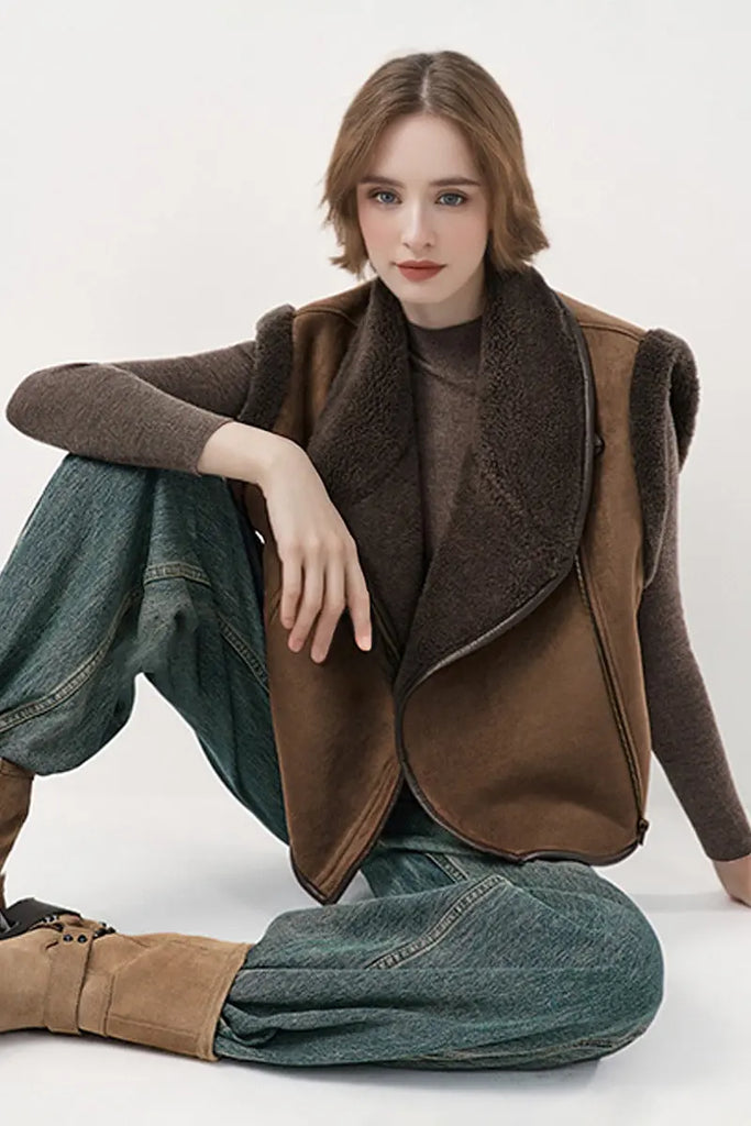 Fibflx Women's Faux Suede & Genuine Shearling Aviator Vest